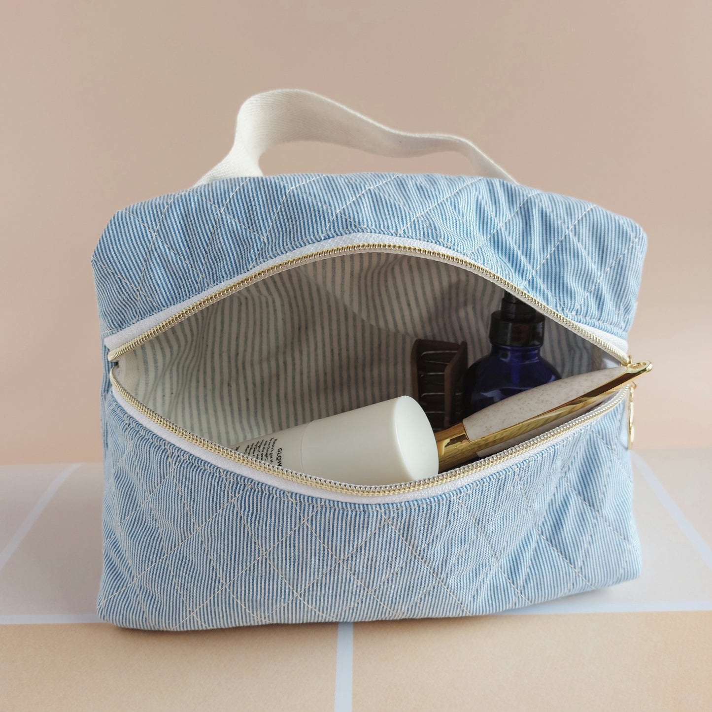 Quilted Vanity Bag | Blue Microstripes